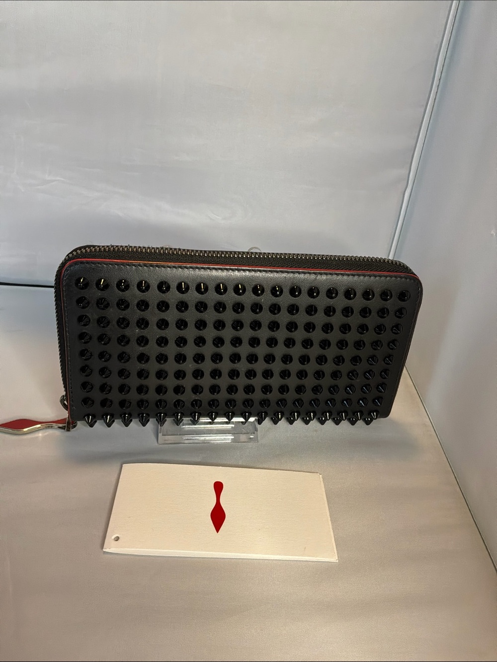 Christian Louboutin Panettone Black Studded Zip Wallet with Red Trim - Picture 3 of 6